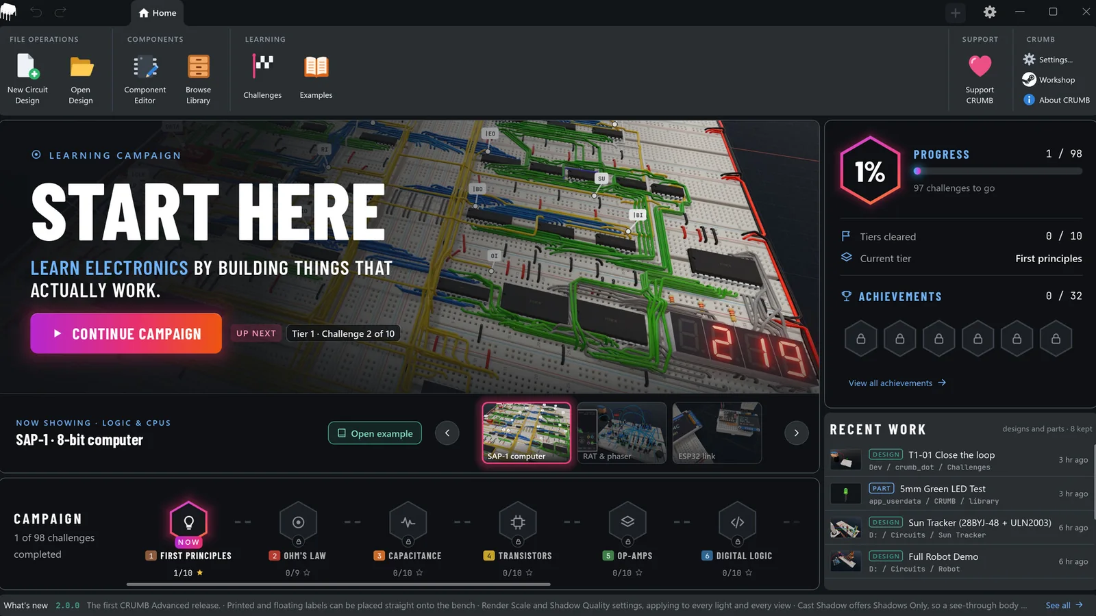 The Home screen, with the learning campaign and your progress
